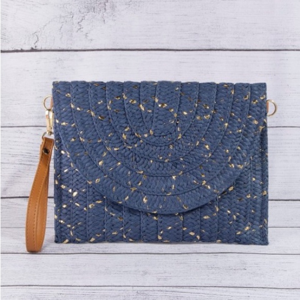 Straw Woven Gold Accents Clutch Bag|Blue+Gold